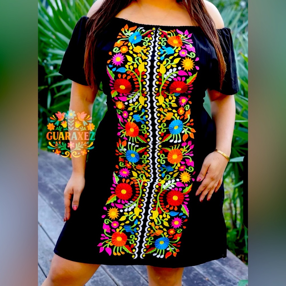 Guaraxez Embroidered Black Dress with Colorful Floral Design